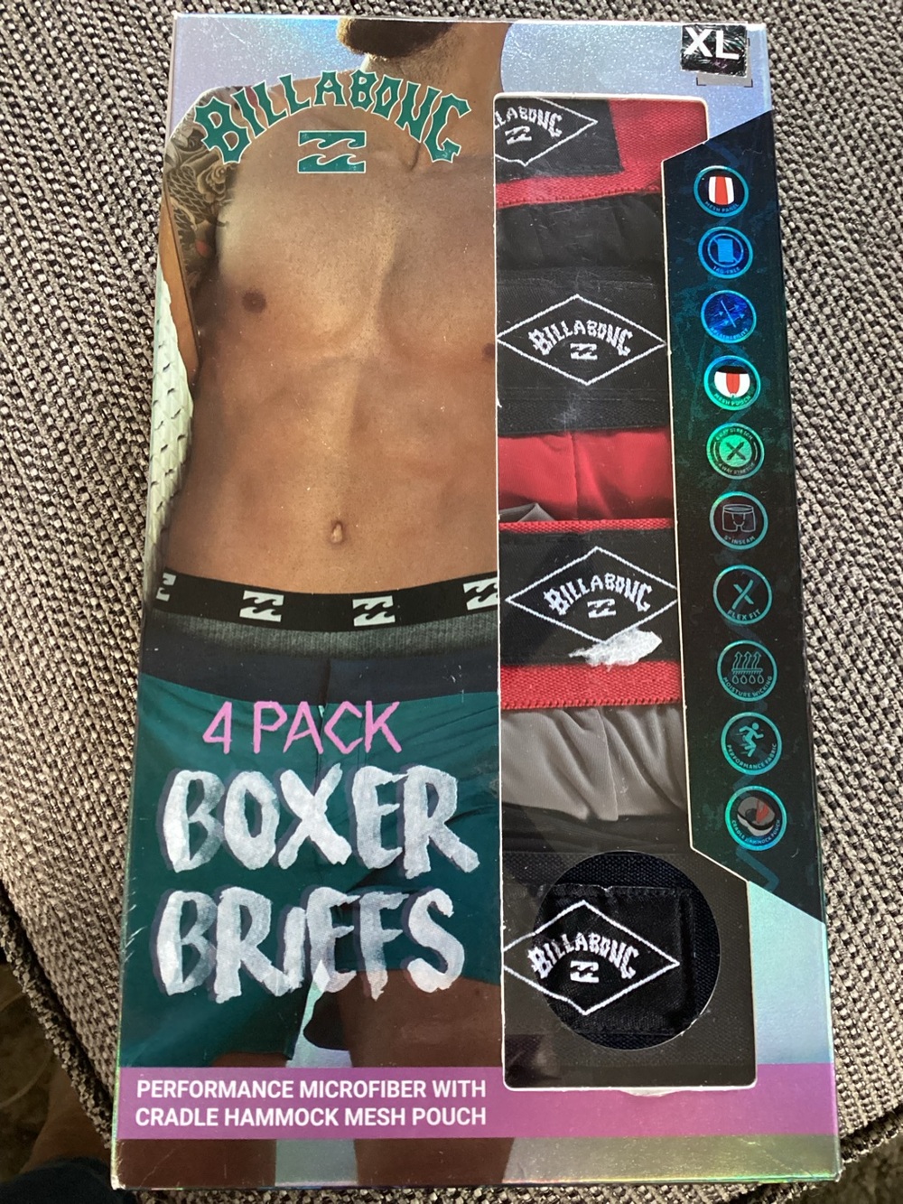 Billabong Men’s Performance Boxer Briefs, 4-pack Microfiber Reds Blacks Greys XL